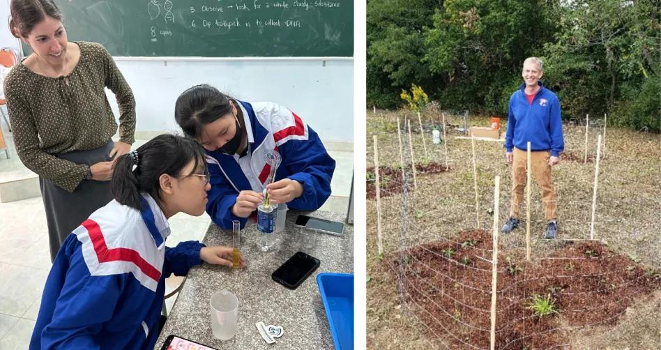 A picture of a teacher working with students and a picture of a teacher in a garden