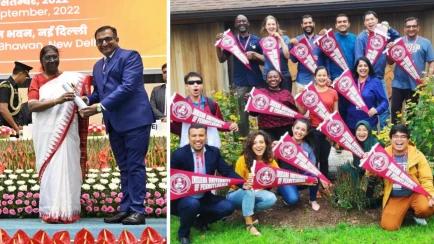 L: Amit Kumar receives award. R: Amit Kumar (top row, right) with his Fulbright cohort at the Indiana University of Pennsylvania