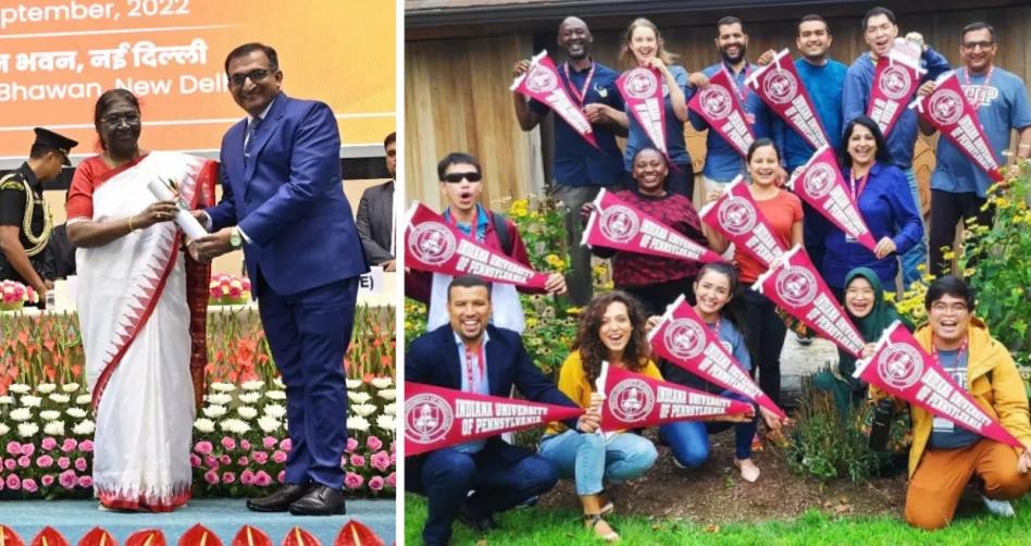 L: Amit Kumar receives award. R: Amit Kumar (top row, right) with his Fulbright cohort at the Indiana University of Pennsylvania