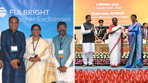 L: Jainus Jacob with Fulbright colleagues. R: Jainus Jacob receiving award.